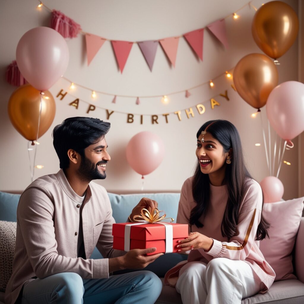birthday wishes for sister Sister giving birthday gift with balloons and warm lighting in background