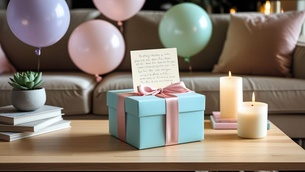 “A beautifully wrapped birthday gift box with a ribbon, a handwritten card beside it, surrounded by pastel balloons and warm candles on a modern coffee table. The cozy setting suggests a heartfelt celebration in a softly lit room.