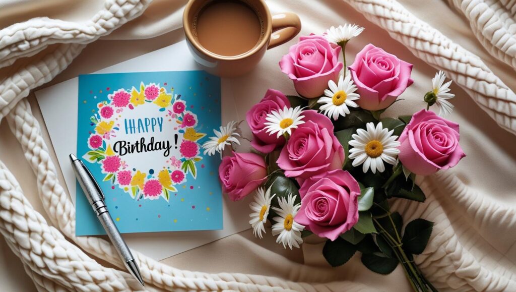 A flat-lay of a birthday card and pen with flowers and coffee — perfect for writing wishes.