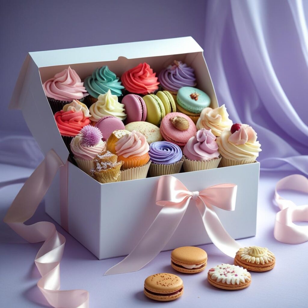 “Dessert gift box with cupcakes, macarons, and cookies on a pastel background.”