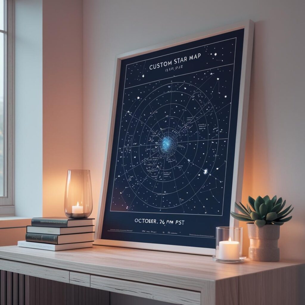 “Framed custom star map on a shelf with minimalist decor and soft lighting.”