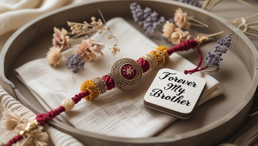 Handmade Rakhi with quote tag on fabric