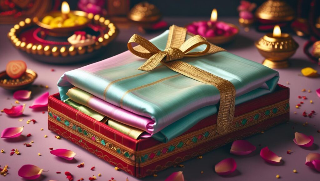 Handwoven silk saree in pastel gift box with festive background