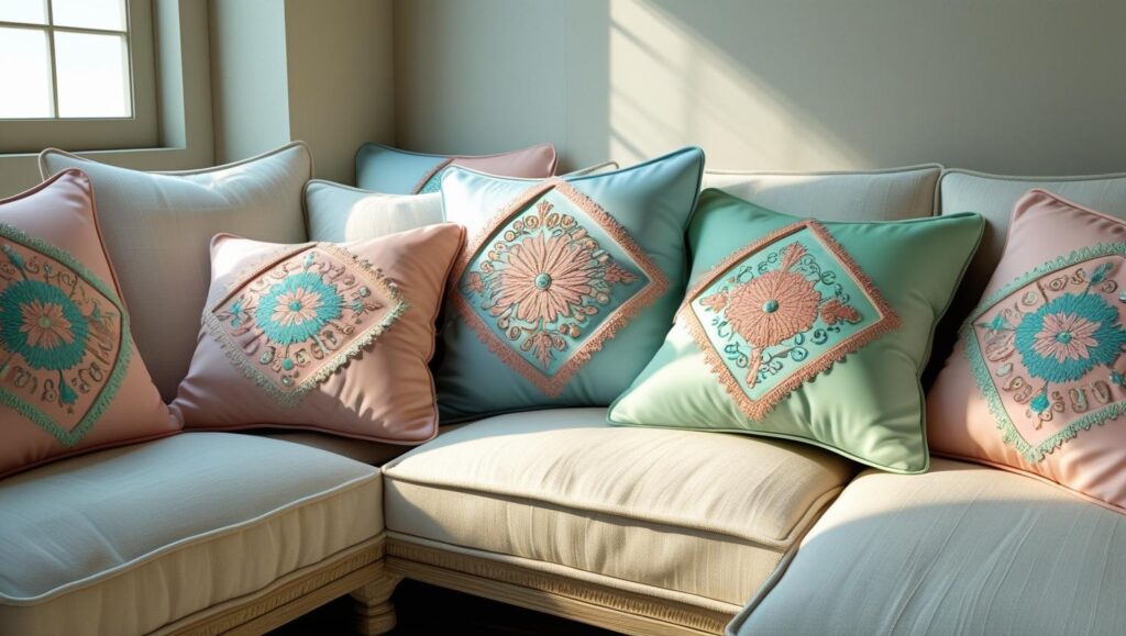 Indian embroidered cushion covers on sofa
