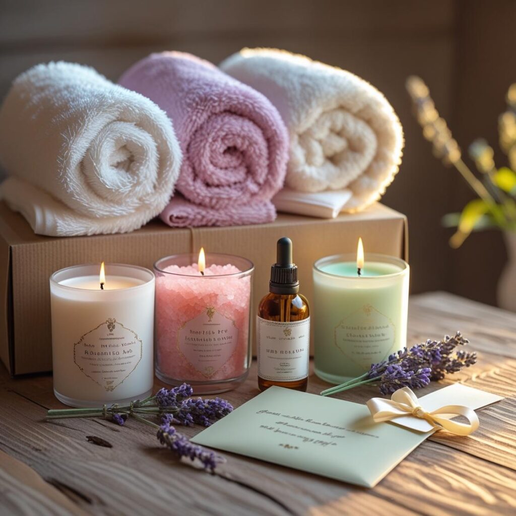 “Luxury spa gift set with towels, candles, bath salts, and oils on a wooden table.”