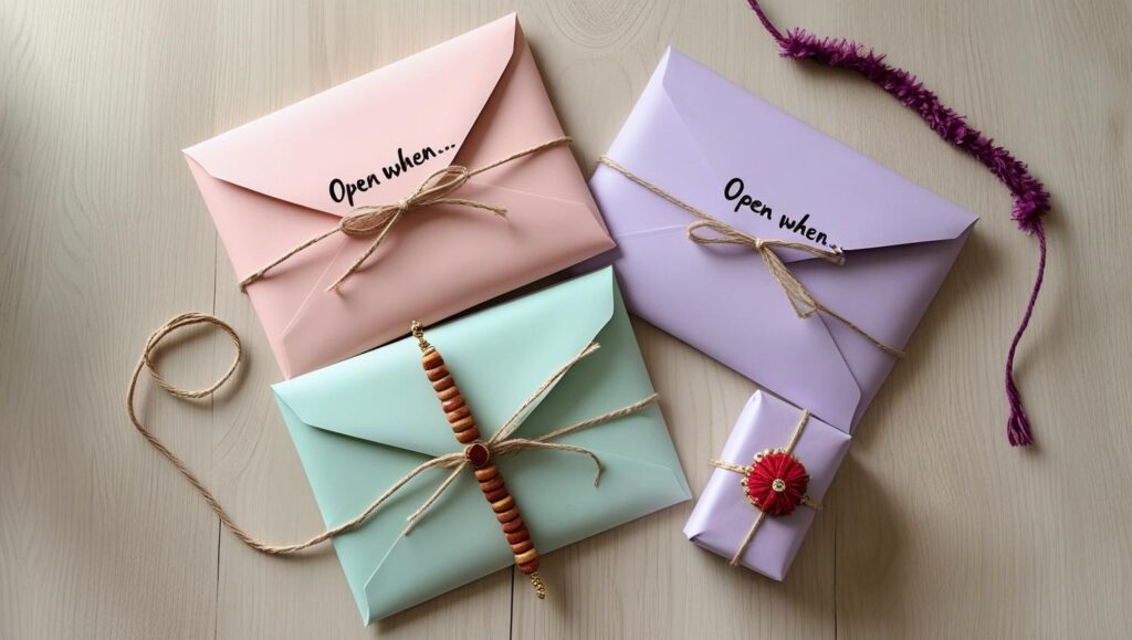 Minimal gift kit with pastel envelopes and Rakhi