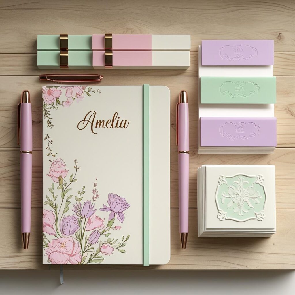 “Personalized stationery set with notebook, pens, and sticky notes on a desk.”