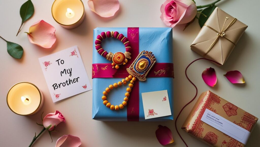 Long-distance Raksha Bandhan gift ideas displayed with Rakhi, gift box, and courier elements