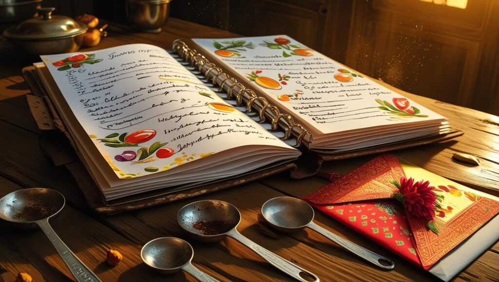 Recipe binder with handwritten Indian dishes on kitchen table