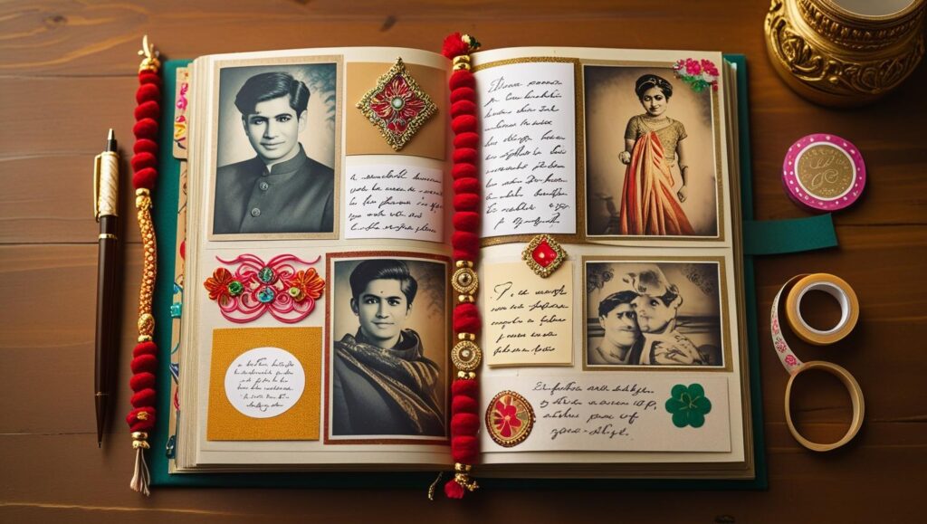 Scrapbook with Rakhi, photos, and notes