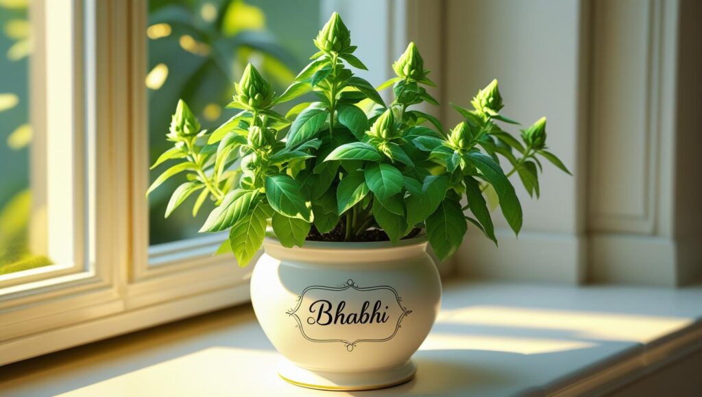 Tulsi plant in white ceramic pot labeled Bhabhi