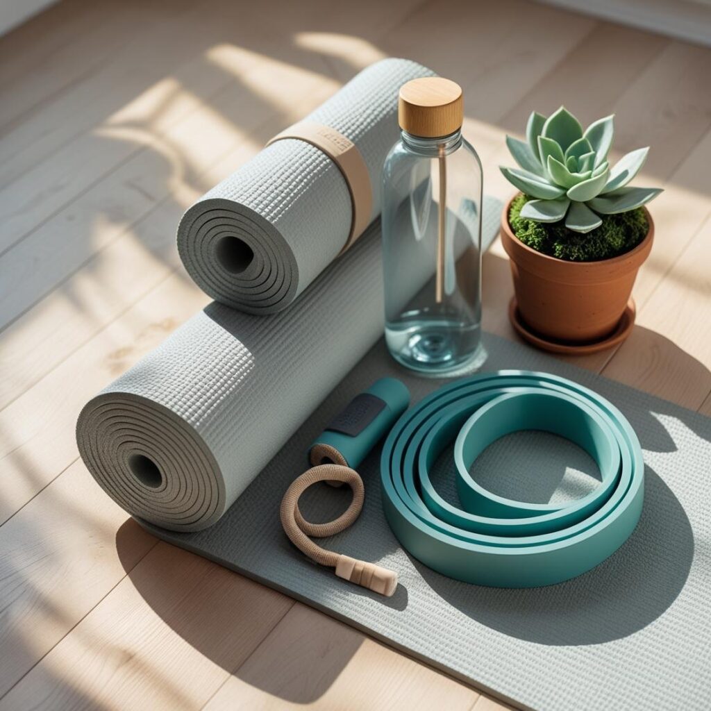 “Yoga kit with mat, resistance band, affirmation cards, and water bottle on a wooden floor.”